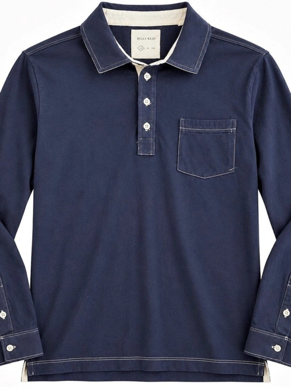 Billy Reid Men's Medium Navy Long Sleeve Polo Shirt 100% Cotton Contrast Stitch